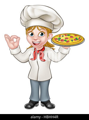 Chef ou cuisinier femme Cartoon character holding a pizza et donnant un bon geste parfait délicieux Banque D'Images