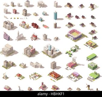 Isométrique vectoriel poly bas immeubles et maisons Illustration de Vecteur