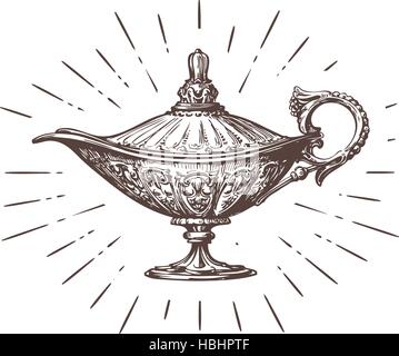 Aladdin magic ou lampe genie. Sketch Vintage vector illustration Illustration de Vecteur