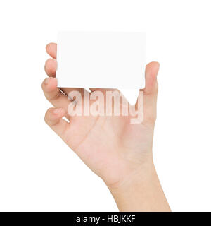 Woman hand holding carte vierge montrant vue avant isolé sur fond blanc Chemin de coupure à l'intérieur Banque D'Images