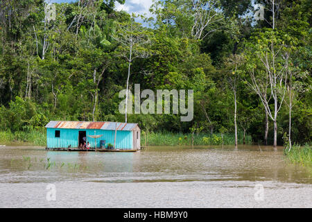 Maison en bois sur pilotis le long de la rivière amazonienne et la forêt tropicale, Brésil Banque D'Images