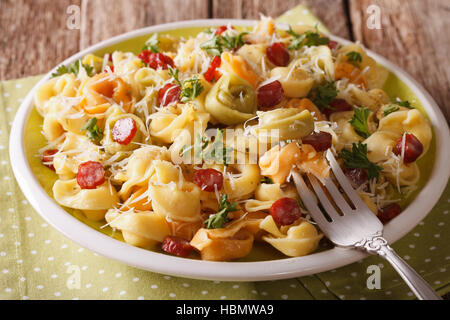Tortellini multicolores traditionnelle de fromage parmesan et de saucisses sur une assiette horizontale. Banque D'Images