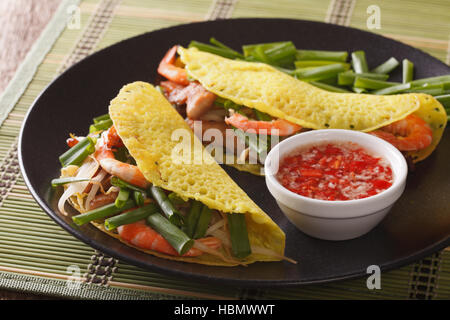 Le vietnamien Banh Xeo crèpes farcies avec le porc, les crevettes et les fèves germées et une sauce sauce nuoc cham libre sur une plaque horizontale. Banque D'Images
