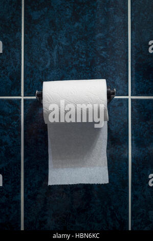 Rouleau de papier toilette sur un mur carrelé bleu sur support Banque D'Images