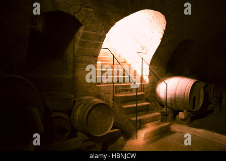 Des tonneaux de bois dans une cave à vin Banque D'Images
