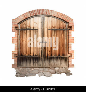 Vieille porte en bois, avec des éléments en fer forgé isolé sur fond blanc Banque D'Images