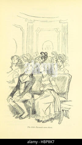 Page représente des scènes des romans de Jane Austen 'Northanger Abbey' et 'persuasion', montrant des personnages, des interactions sociales, des domaines, des maisons, villes, dialogue, manières, événements narratifs, mode, coutumes et illustrations de Hugh Thomson. Banque D'Images