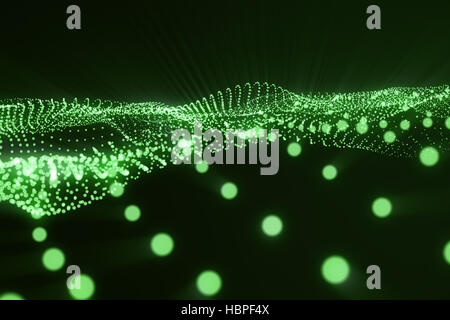Paysage de rendu 3d'arrière-plan. Le cyberespace grille du paysage. La technologie 3D. Abstract paysage vert sur fond noir avec les rayons lumineux. Banque D'Images