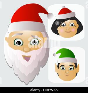 L'icône du père Noël et Mme talon et assistants-elfes sont heureux de l'équipe de Noël. Illustration de Vecteur