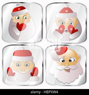 Icônes, images, pendentifs sur quatre Santa Claus un vecteur sur un fond gris happy holiday Illustration de Vecteur