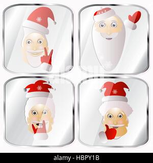 Icônes, images, pendentifs sur quatre Santa Claus un vecteur sur un fond gris happy holiday Illustration de Vecteur