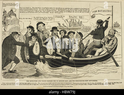 Le drame politique. [Une série de caricatures.] - Légende : ''Les ministres et leurs amis à Botany Bay, et le retour des hommes Dorcester'. Les politiciens en larmes sur un bateau, aller à la rive ; Dorchester libre sur un autre bateau syndicalistes, en se rapprochant de la côte. À l'archet est un drapeau pour 'lecture' de Botany Bay. Les deux rameurs guide le bateau vers un navire à partir de laquelle est de retour un autre bateau, contenant deux rameurs et les six Tolpuddle Martyrs. Parmi les politiciens sont Lord chancelier Brougham, avec deux sacs d'argent marqué 'PENNY' et 'Magazine', et tenant un papier enroulé. lire Banque D'Images