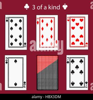 3 libre d'une combinaison de poker cartes à jouer kinq. vector illustration EPS 10. Sur un fond rouge. À utiliser pour la conception, l'enregistrement, les sites web, robe Illustration de Vecteur