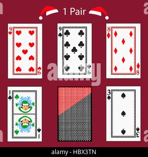 1 une paire de poker cartes à jouer combinaison. vector illustration EPS 10. Sur un fond rouge. À utiliser pour la conception, l'enregistrement, les sites web, s'habiller, t Illustration de Vecteur