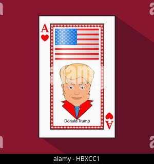 Donald Trump une icône un vecteur illustration un as la carte à jouer une victoire pour gagner la combinaison coeur. Drapeau américain sur un fond vert. Illustration de Vecteur