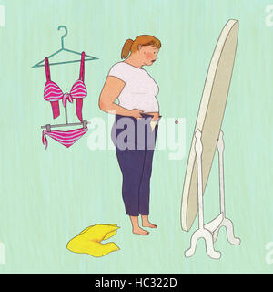 Grosse femme debout et se regardant dans le miroir Banque D'Images