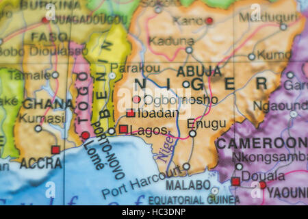 Photo d'une carte de Nigeria et la capitale Abuja . Banque D'Images