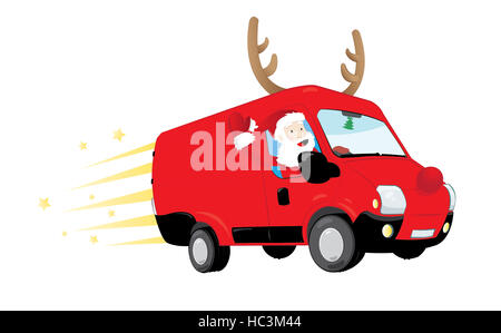 Un vecteur caricature représentant un Père Noël moderne au volant d'un van rouge rapide avec bois et un gros nez rouge, de l'exécution présente Banque D'Images