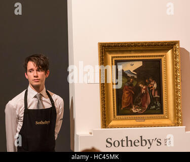 Londres, Royaume-Uni. 7 décembre 2016. 'L'Adoration des bergers" par Ludovico Mazzolino qui a été vendu à un prix d'adjudication de GBP200k (est. GBP 60-80k), à l'Old Masters Vente du soir chez Sotheby's à New Bond Street. Crédit : Stephen Chung / Alamy Live News Banque D'Images