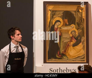 Londres, Royaume-Uni. 7 décembre 2016. 'La Nativité' par Bicci di Lorenzo qui a été vendu à un prix d'adjudication de GBP300k (est. GBP 300-500k) à des Vieux Maîtres Vente du soir chez Sotheby's à New Bond Street Crédit : Stephen Chung / Alamy Live News Banque D'Images