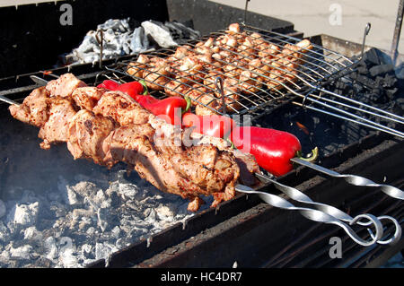 Brochettes barbecue Brochettes de viande avec des légumes sur le gril Banque D'Images