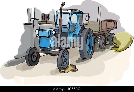 Vecteur numérique peint ancien véhicule tracteur belarus et sentier dans un village de Moldavie, style plat Illustration de Vecteur