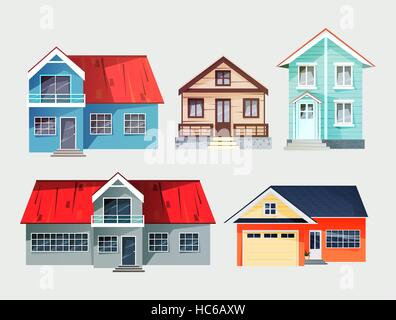 Ensemble de maisons chalets colorés. Télévision les bâtiments. Vector illustrat Illustration de Vecteur