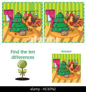 Cartoon Vector Illustration de la recherche de différences tâche éducative pour les enfants d'âge préscolaire avec Rooster Illustration de Vecteur