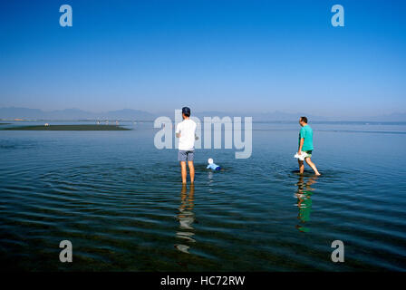 Quelques pères avec enfant dans l'eau de l'océan Pacifique, Boundary Bay Regional Park, Delta, BC, British Columbia, Canada Banque D'Images