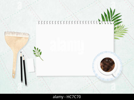 Carnet de croquis, pinceau, crayons et gomme avec café Banque D'Images