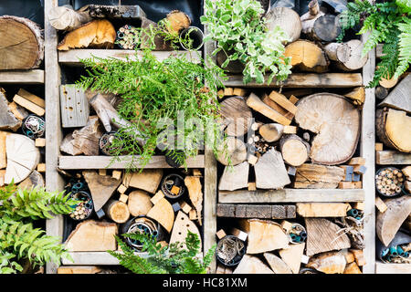 Détail d'un bug hôtel fabriqué à partir de différentes tailles et formes de bois et carton. Banque D'Images