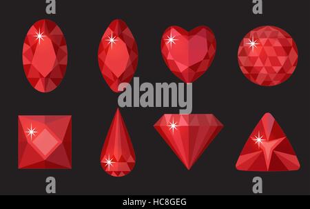 Gemmes rouges ensemble. Collection de bijoux, cristaux isolé sur fond noir. Rubis, diamants de différentes formes, de coupe. Pierres précieuses colorées. Style cartoon, réaliste. Illustration vectorielle, clip art Illustration de Vecteur