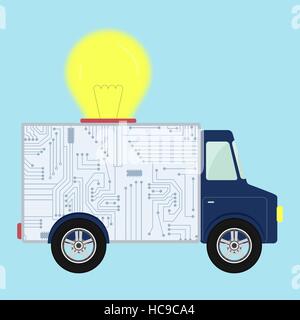 Circuit électronique puce indiqué à l'arrière d'un camion. La lampe de grand sur le dessus du chariot. Ruban pour saisir du texte. Concept. Illustration de Vecteur