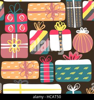Modèle sans couture avec différentes boîtes cadeaux. Design mignon. Création colorée présente. Fond répétitif Illustration de Vecteur