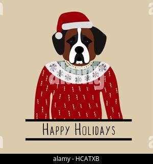 Arrière-plan de vœux avec Saint Bernard. Un chien avec un chapeau de Père Noël. Modèle plat. Animal de compagnie. Cute doggie. Personnage Illustration de Vecteur
