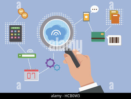 Main tenant une loupe sur l'illustration Banque D'Images