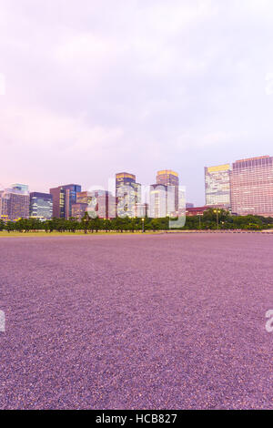 Coucher de soleil pourpre surplombant le centre-ville de Marunouchi skyline at Dusk vu de la Place du Palais Impérial à Tokyo, Japon. La verticale Banque D'Images