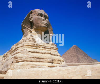 Le Sphinx et pyramide sur le plateau de Gizeh, Le Caire, Egypte Banque D'Images