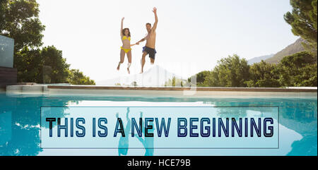 Image composite de cheerful couple jumping into swimming pool Banque D'Images