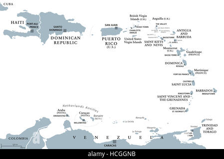 Carte politique des Petites Antilles. Caribbees avec Haïti, la République dominicaine et Porto Rico dans la mer des Caraïbes. Gris illustration. Banque D'Images