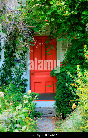 Porte avant rouge entourée de feuillage vert Banque D'Images