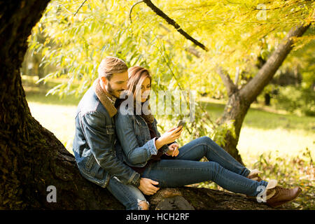 Couple amoureux assis sur un arbre en automne park Banque D'Images