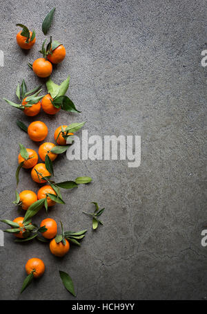 Tangerines fraîches avec des feuilles vertes sur fond gris Banque D'Images