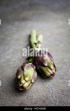 Artichauts frais sur fond gris Banque D'Images