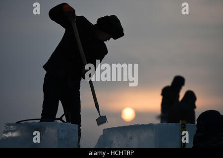 Harbin, Chine, province de Heilongjiang. 9Th Mar, 2016. Les artistes à créer un bâtiment de glace à Harbin Ice and Snow World in Harbin, capitale de la province du nord-est de la Chine, le 9 décembre 2016. Credit : Wang Jianwei/Xinhua/Alamy Live News Banque D'Images