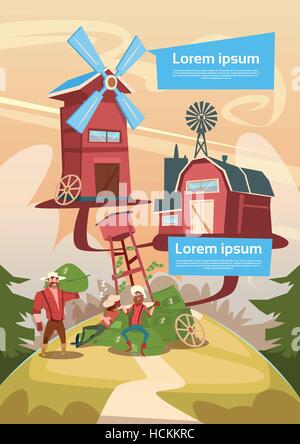 Les paysans riches Countryman avec de l'argent fond ferme Sacs Illustration de Vecteur