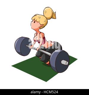 Colorful vector illustration d'un cute cartoon girl fitness training dans la salle de sport Illustration de Vecteur