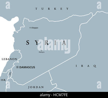 Carte politique de la Syrie avec la capitale Damas, les frontières nationales et les pays voisins. République arabe en Asie de l'Ouest. Banque D'Images