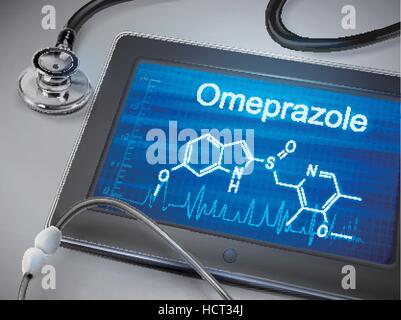 L'oméprazole mot affiché sur tablette avec stéthoscope sur tableau Illustration de Vecteur
