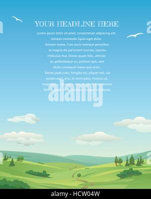 Paysage idyllique, avec des collines et de ciel bleu, modèle avec échantillon de texte. La verticale. Illustration de Vecteur